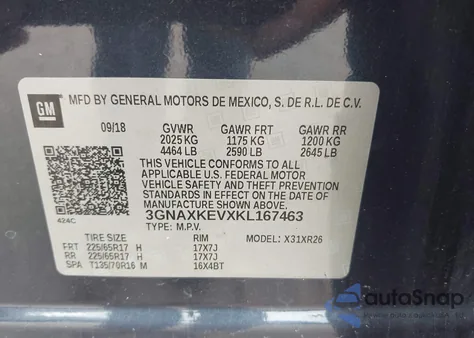 2019 Chevrolet Equinox Lt from USA, damaged, VIN 3GNAXKEVXKL167463